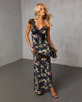Rominah Printed Asymmetric Lace Trim Maxi Dress