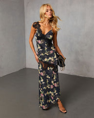 Rominah Printed Asymmetric Lace Trim Maxi Dress
