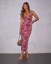 Delora Printed Mesh Strapless Midi Dress