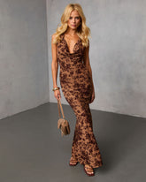 Midnight Vine Cowl Halter Maxi Dress