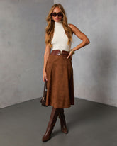 Burnt Maple Belted Suede Midi Skirt