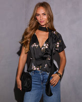 Alenna Neck Tie Printed Satin Blouse