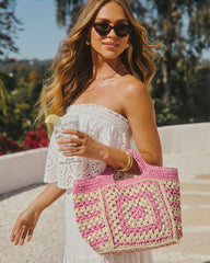 Summer Rose Geometric Straw Tote Bag