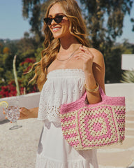 Summer Rose Geometric Straw Tote Bag