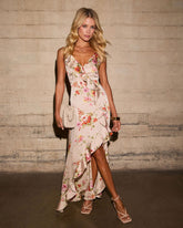Capriccio Satin Floral Ruffle Maxi Dress