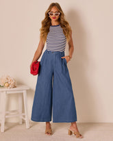 Celadine Wide Leg Pleated Chambray Pants