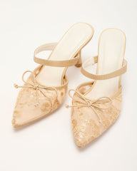 Chiclet Mesh Embroidery Heeled Mules