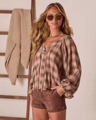 Pecan Bliss Plaid Lace Up Peasant Top