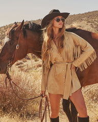 Olya Suede Wrap Tie Fringe Mini Dress