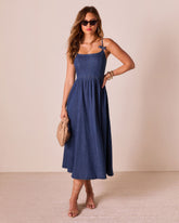 Tide To Me Bow Strap Midi Chambray Dress
