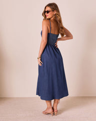 Tide To Me Bow Strap Midi Chambray Dress