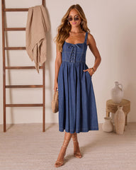 Zolah Lace Up Denim Midi Dress