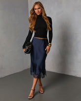 Oleandra Satin Lace Trim Midi Skirt