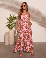 Marline Palm Print Waist Tie Jumpsuit