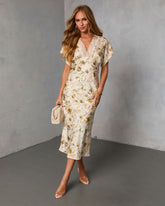 Charla Printed Lace Trim Satin Midi Dress