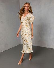 Charla Printed Lace Trim Satin Midi Dress