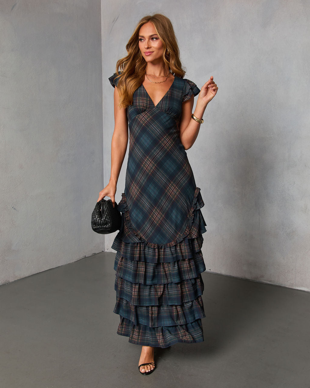 Marcellie Ruffle Plaid Maxi Dress