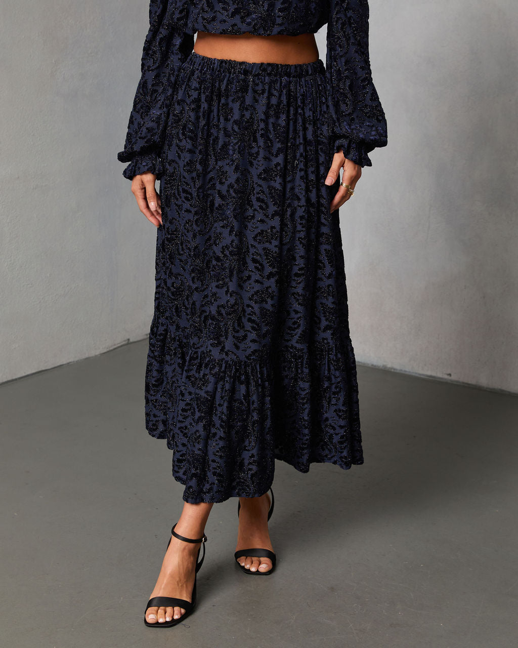 Miriza Flocked Mesh Velvet Midi Skirt