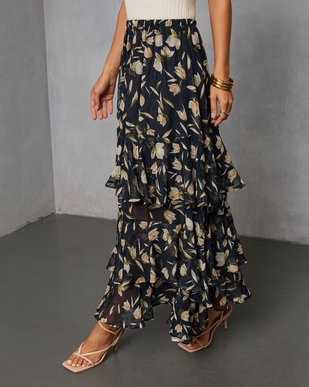 Rustic Bloom Printed Tiered Maxi Skirt