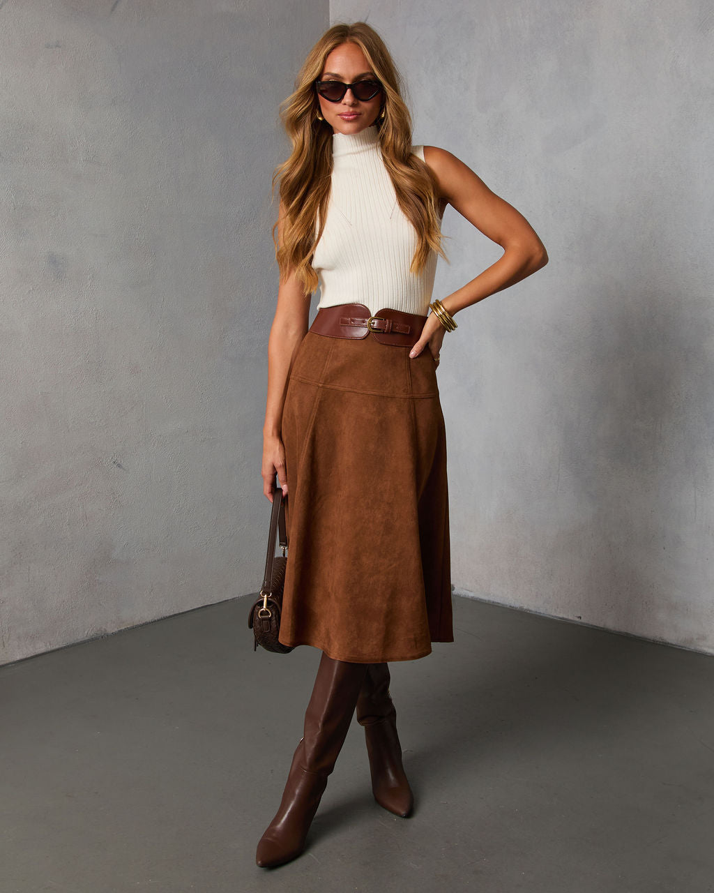 Burnt Maple Belted Suede Midi Skirt