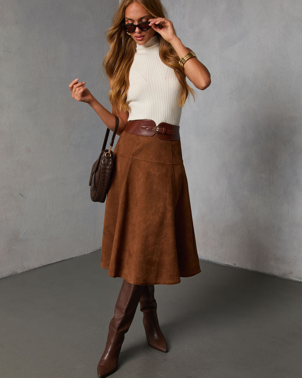 Burnt Maple Belted Suede Midi Skirt