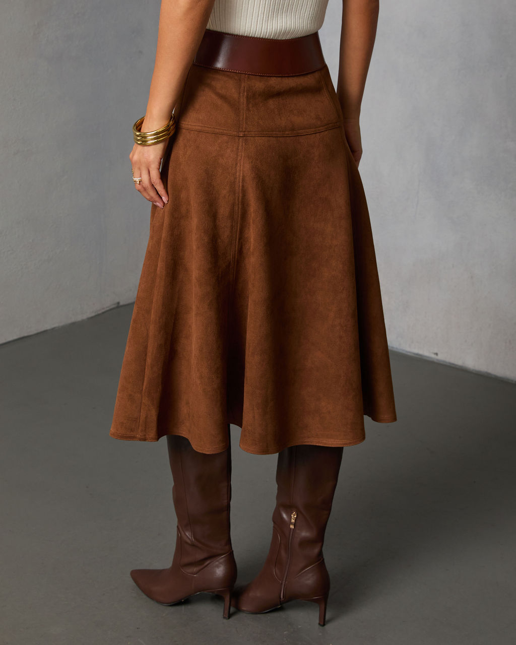 Burnt Maple Belted Suede Midi Skirt