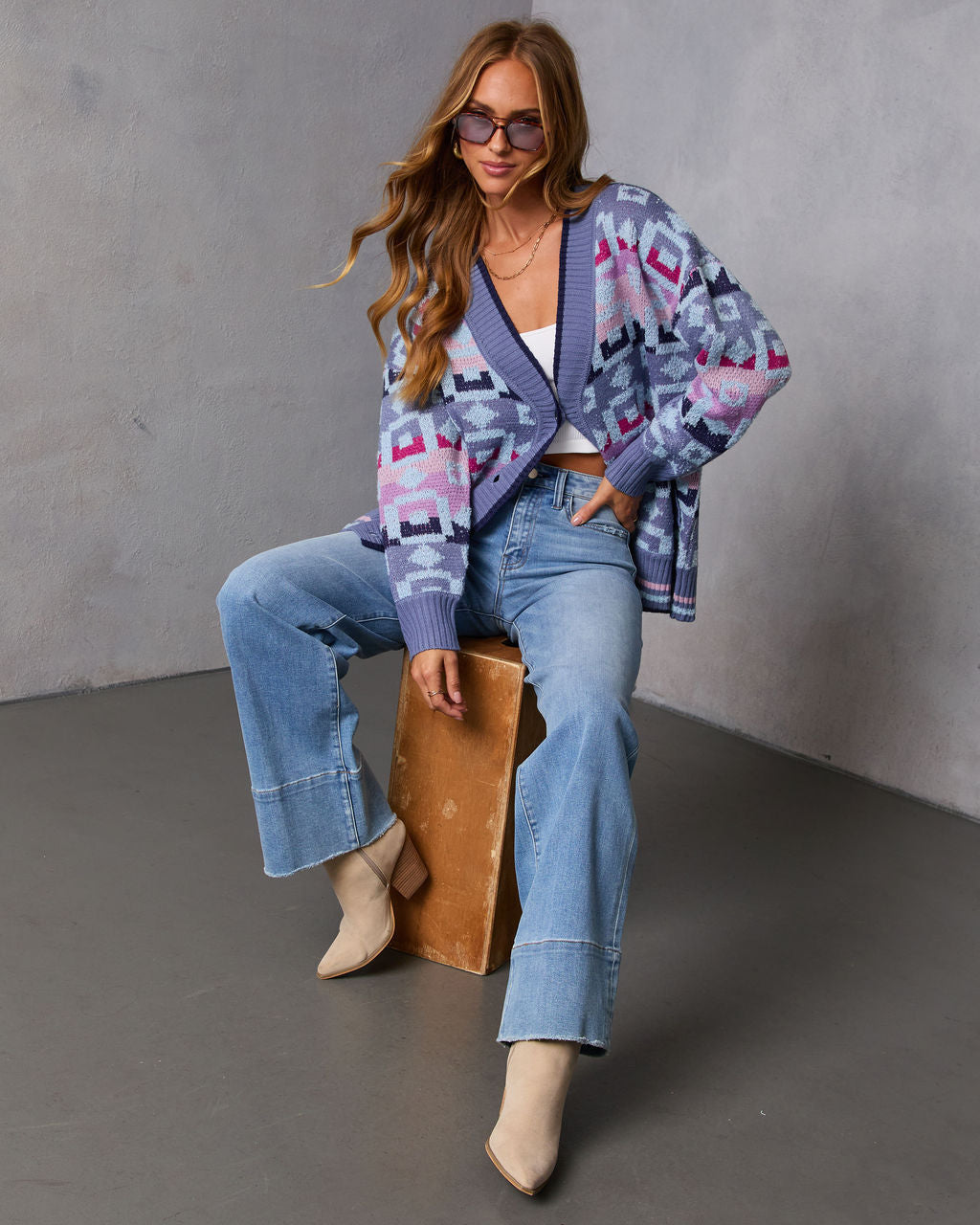 Maristella Intarsia Knit Button Down Cardigan