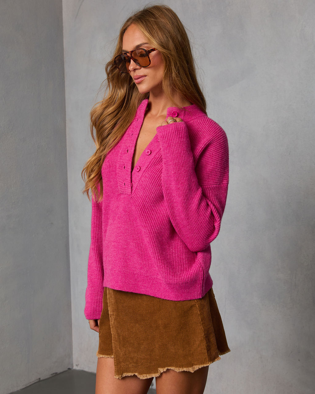 Smoky Amber Ribbed Partial Button Sweater