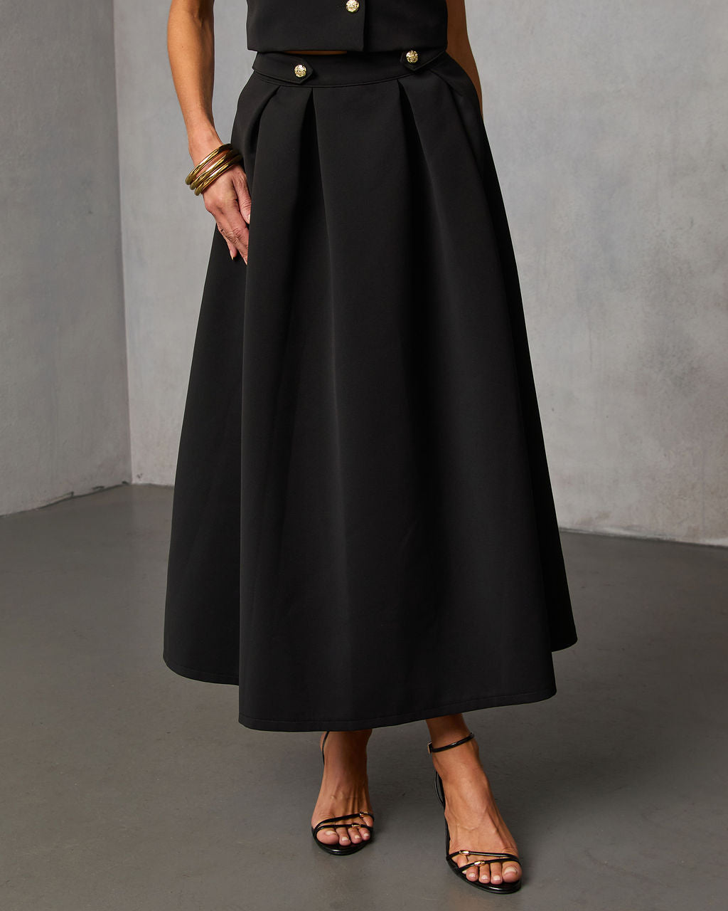 Velmira Pleated Flare Midi Skirt