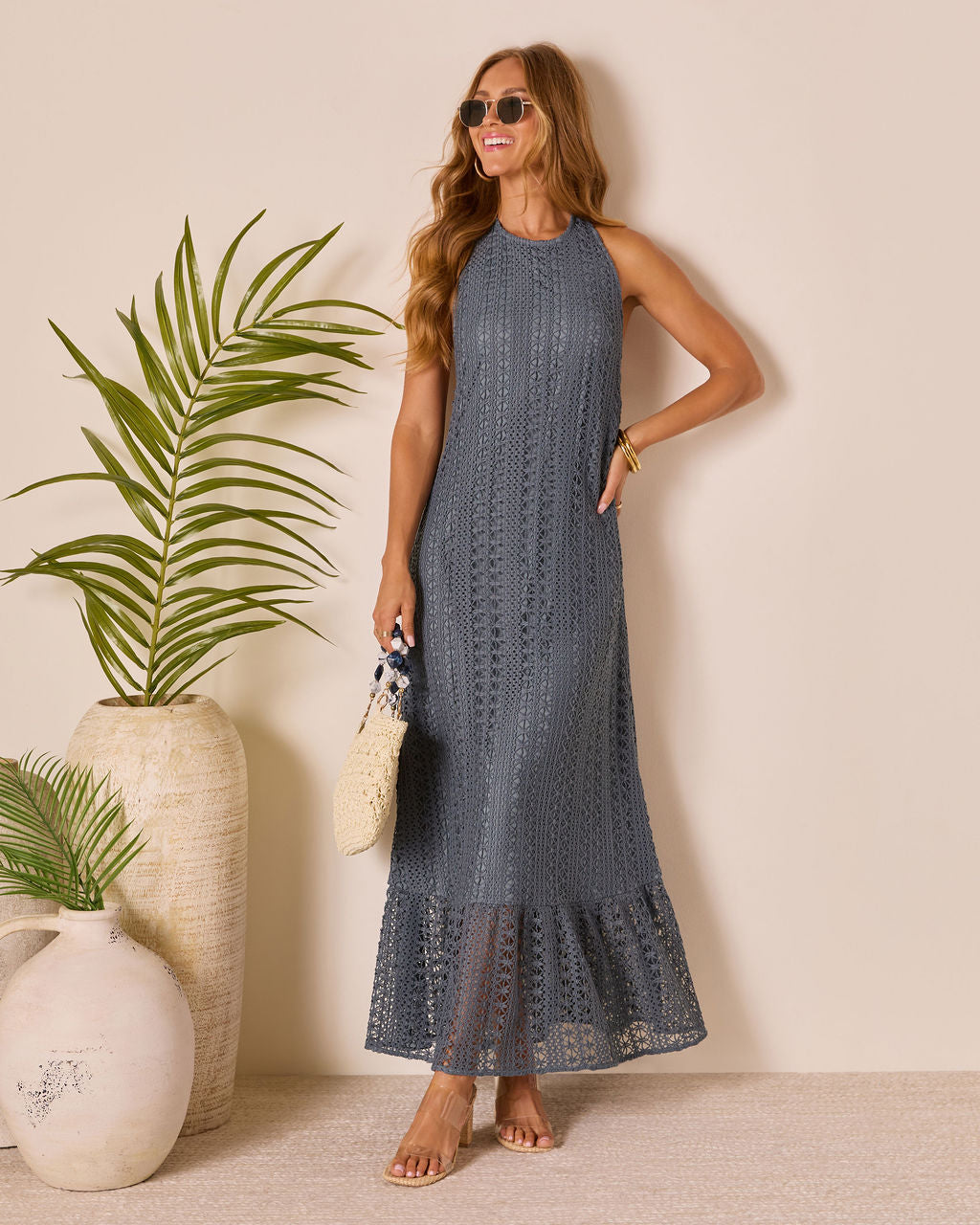 Ocean Wave Crochet Halter Maxi Dress