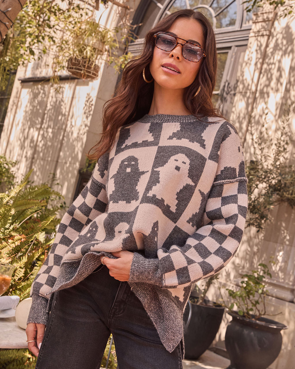 Checkered Spirits Intarsia Knit Ghost Sweater