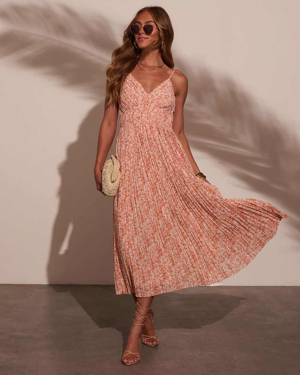 Sunset Kiss Pleated Floral Midi Dress