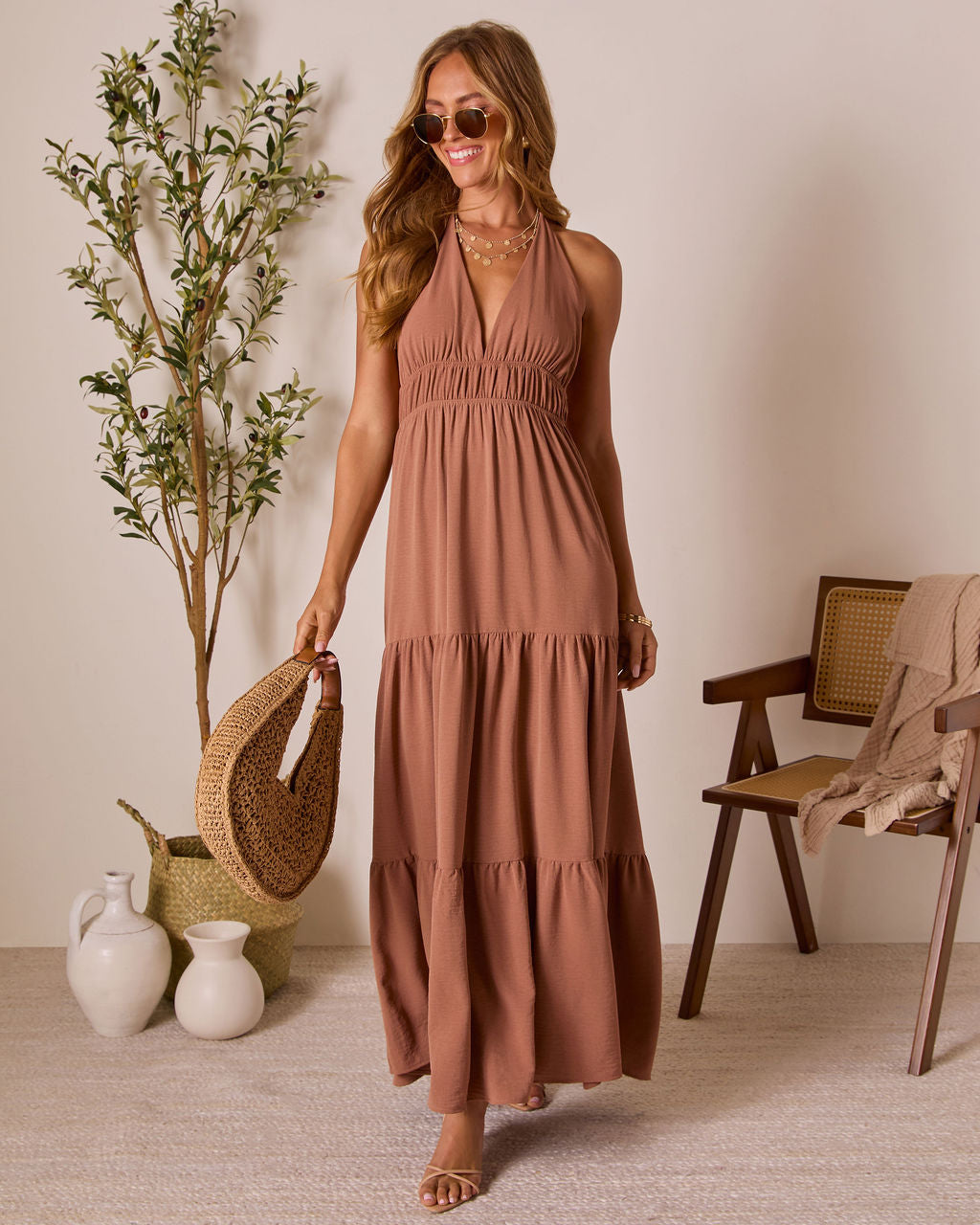 Seaflower Tiered Halter Neck Maxi Dress