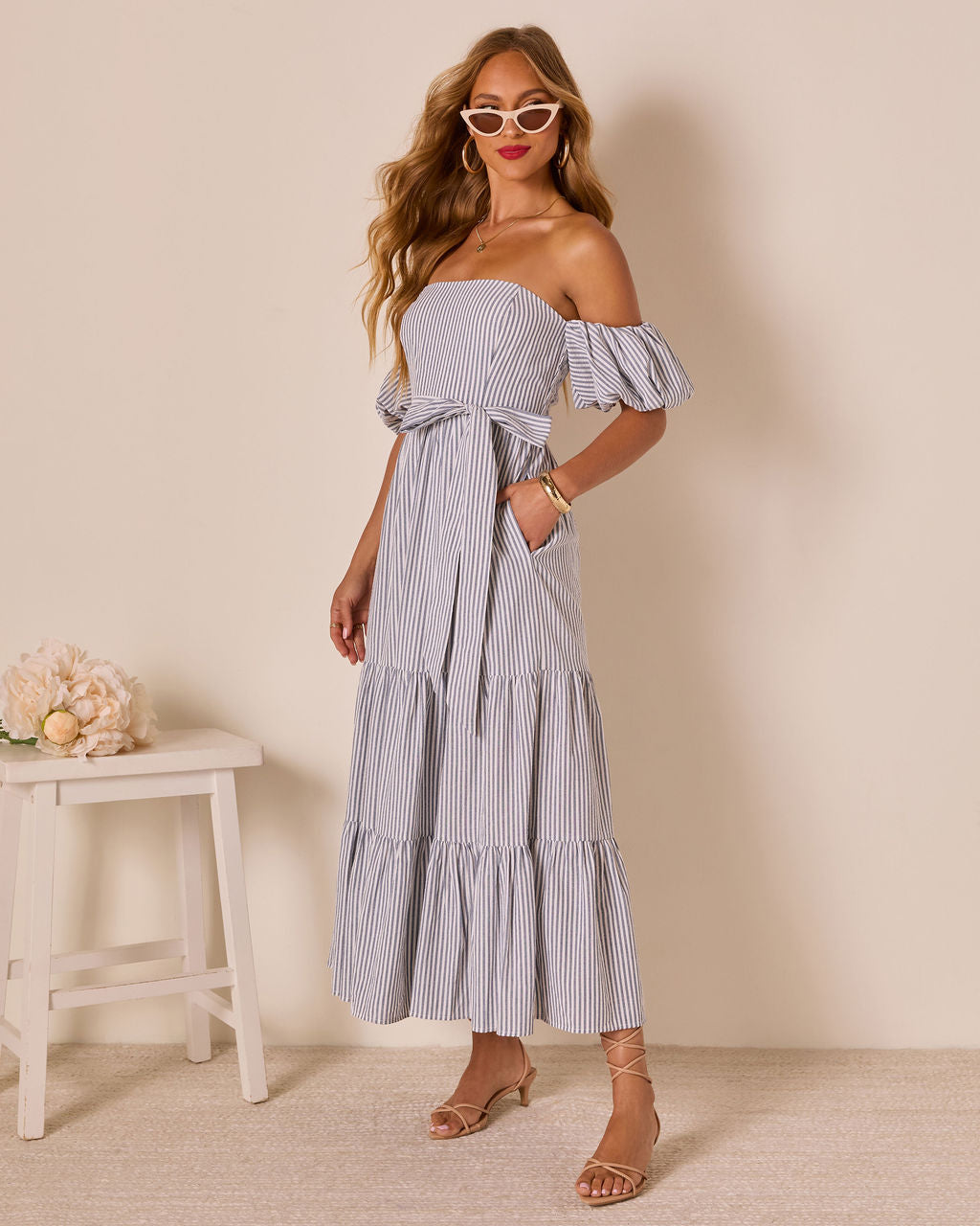 Annah Striped Off The Shoulder Maxi Dress