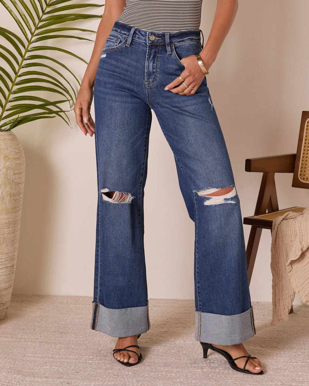 Jaidan Stretch Distressed Wide Leg Cuffed Jeans