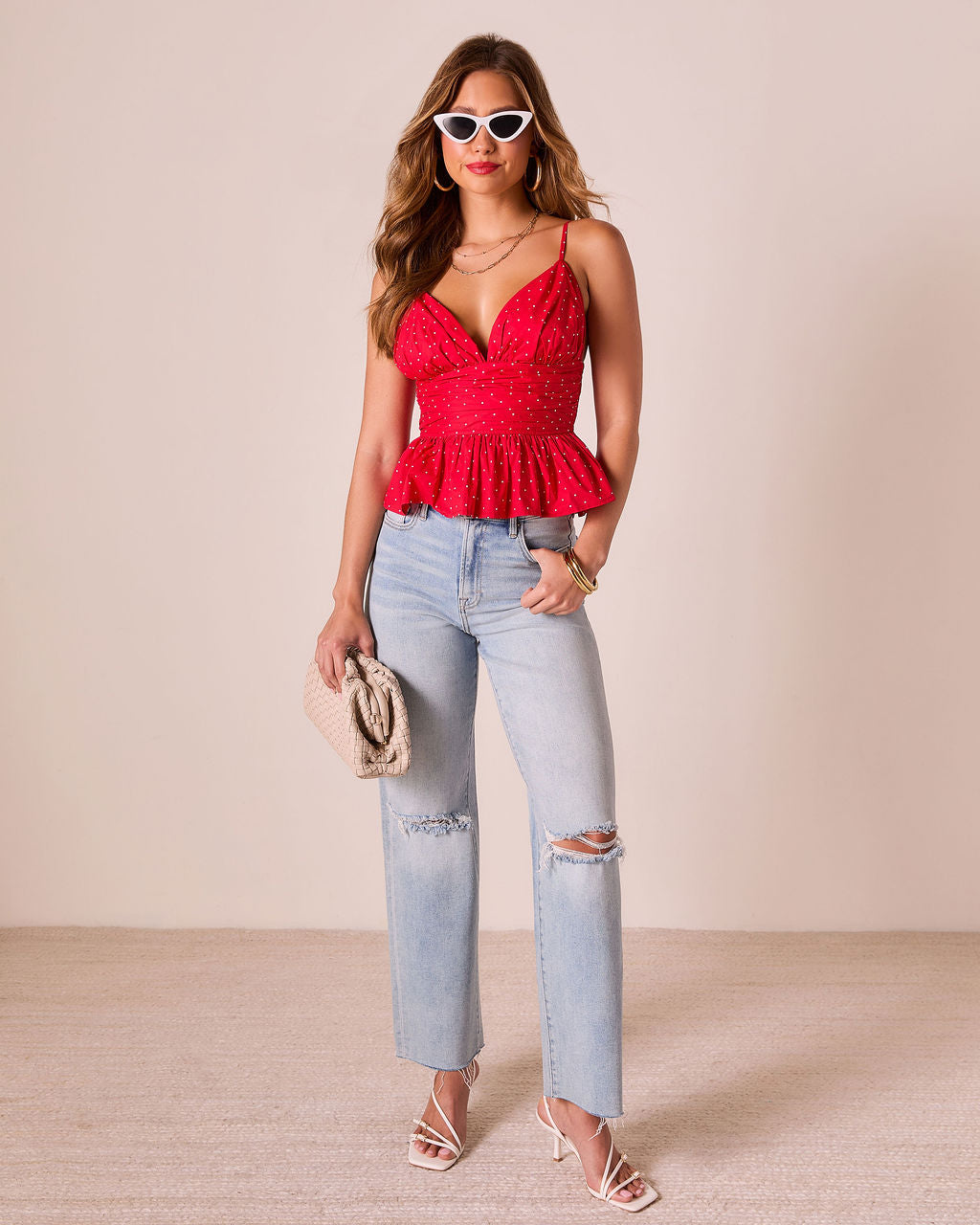 Pherris Pleated Polka Dot Peplum Top