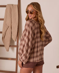 Pecan Bliss Plaid Lace Up Peasant Top