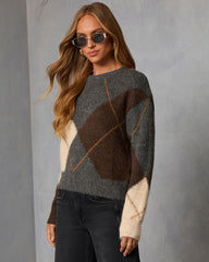 Smoky Cedar Contrast Argyle Print Crew Neck Sweater