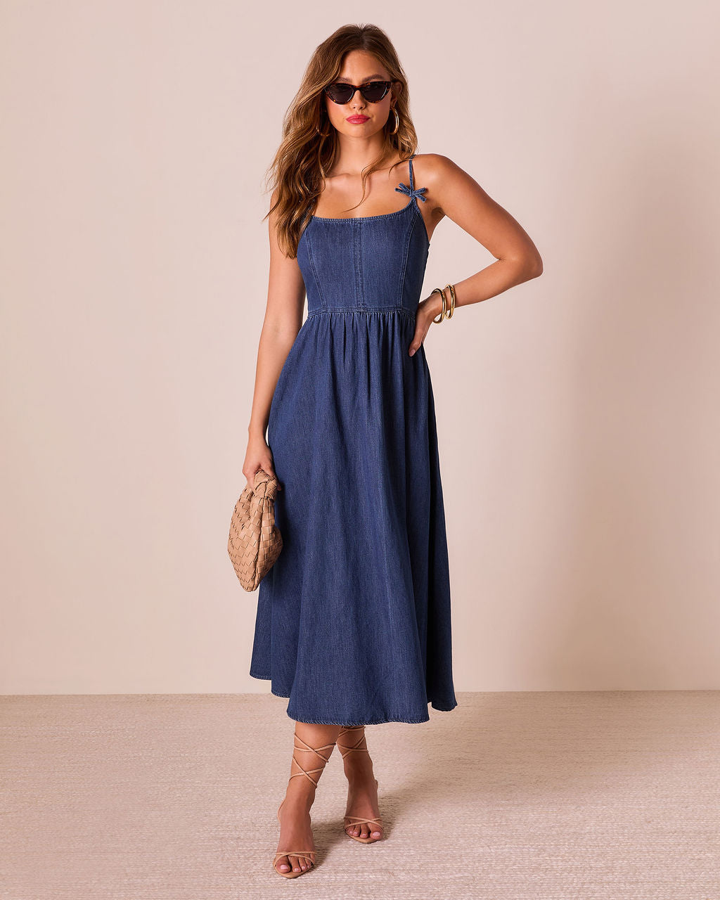 Tide To Me Bow Strap Midi Chambray Dress