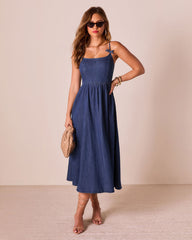 Tide To Me Bow Strap Midi Chambray Dress