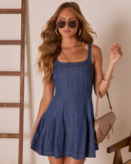 Nice Try Pleated Denim Mini  Dress