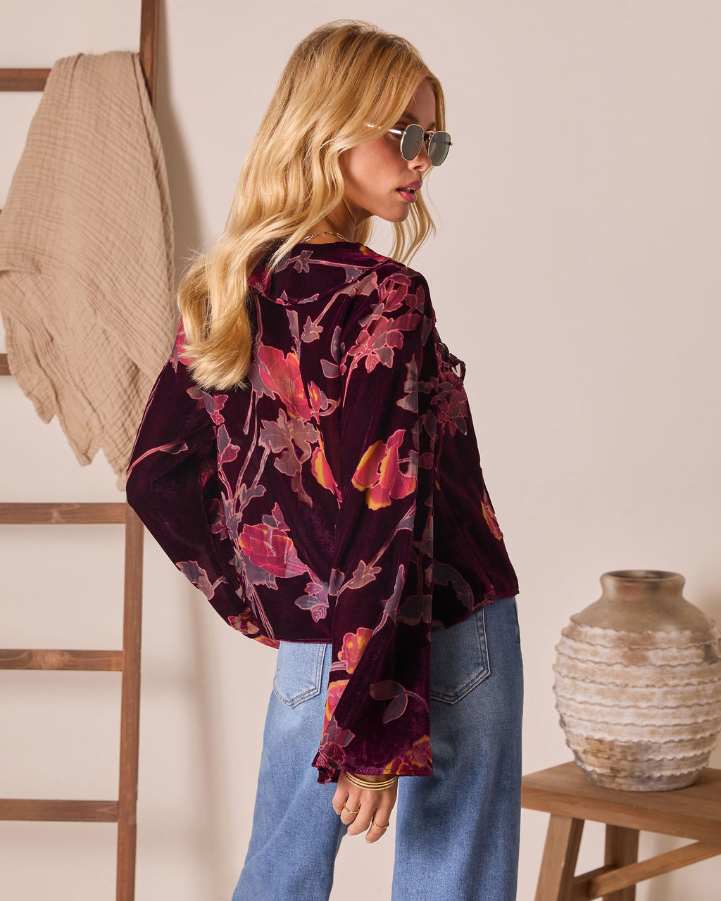 Neutral Harvest Printed Velvet Front Tie Top