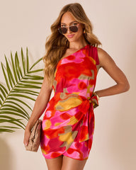 Tropic Kiss One Shoulder Wrap Mini Dress