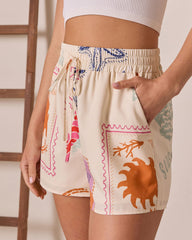 Postcard Sent Stamp Print Drawstring Shorts