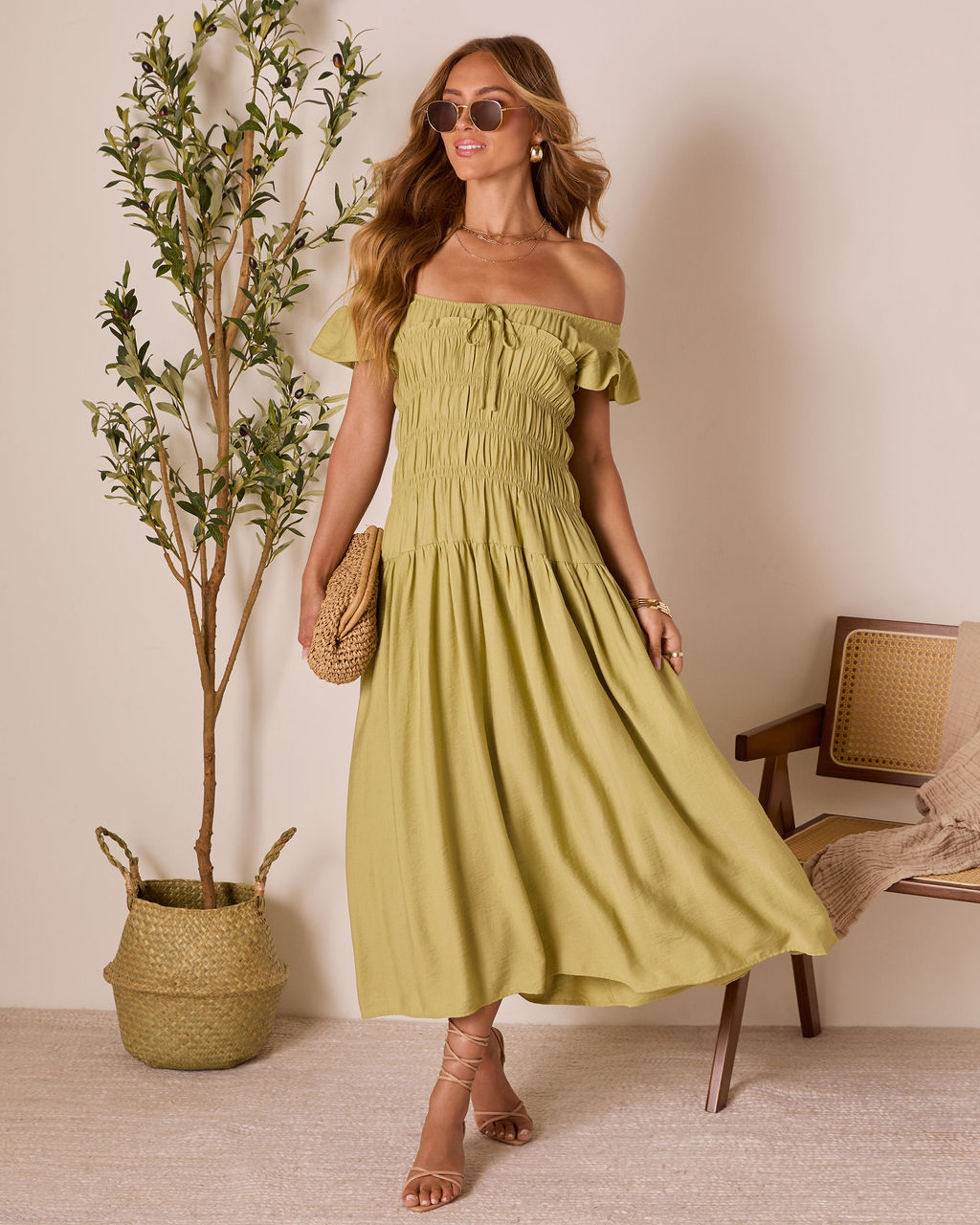 Linen Skies Flutter Sleeve Midi Dress
