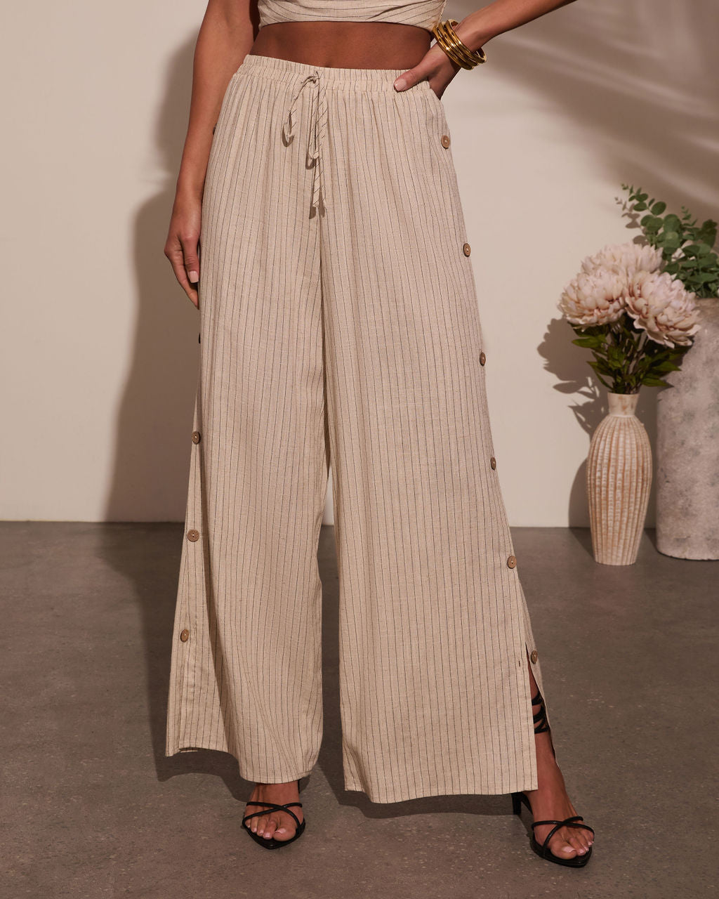 Lida Buttoned Striped Wide Leg Pants