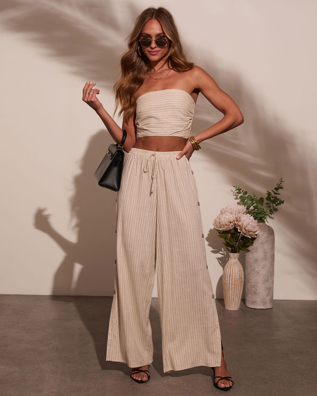 Lida Buttoned Striped Wide Leg Pants