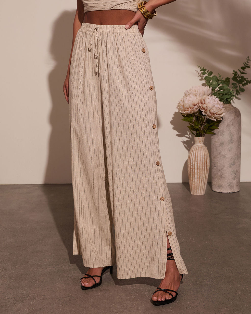 Lida Buttoned Striped Wide Leg Pants