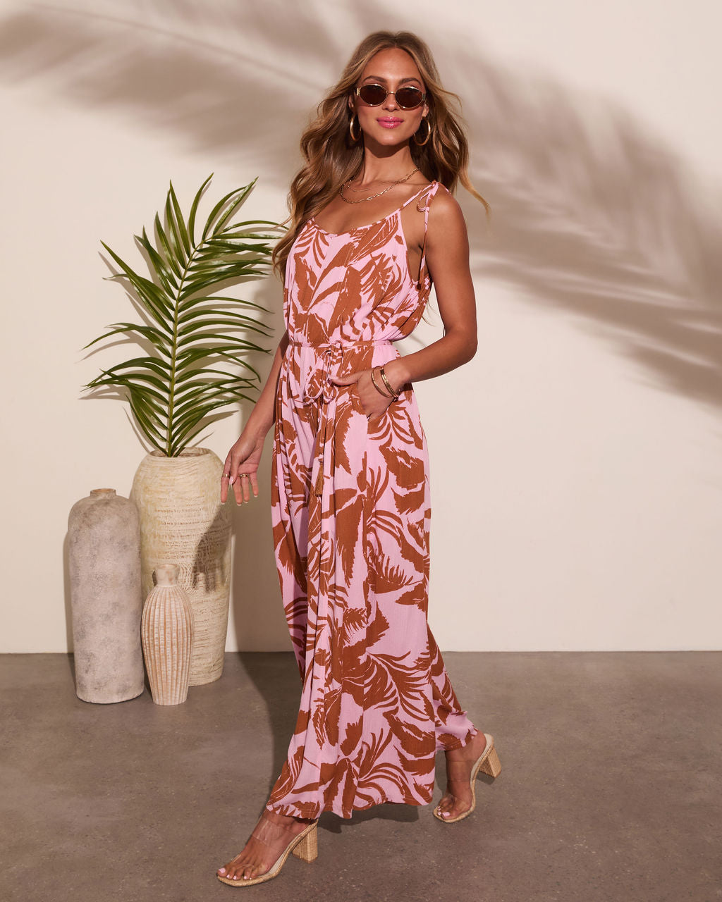 Marline Palm Print Waist Tie Jumpsuit