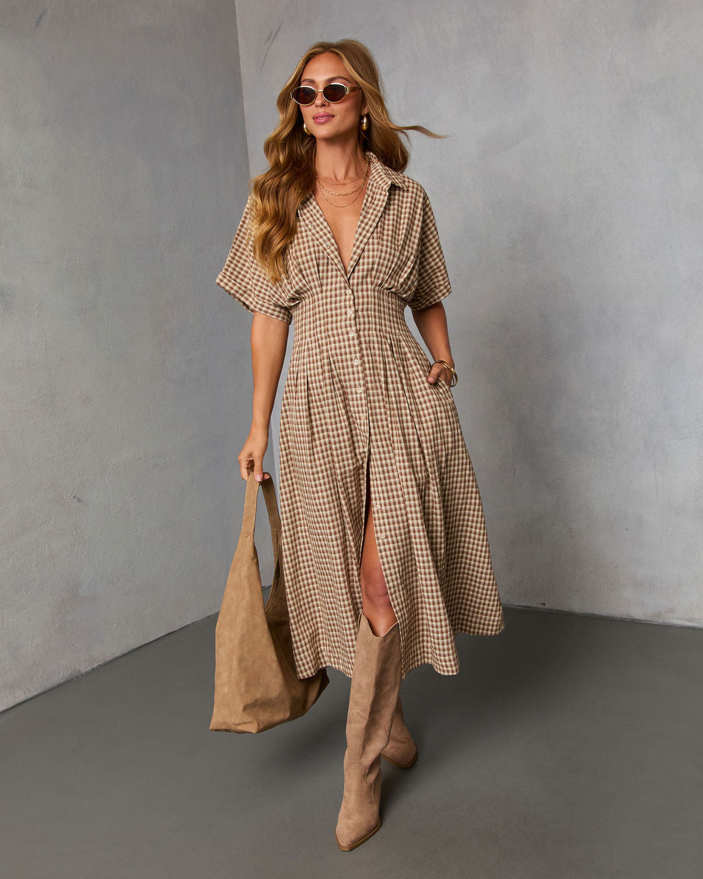 Backroad Blues Gingham Midi Shirt Dress